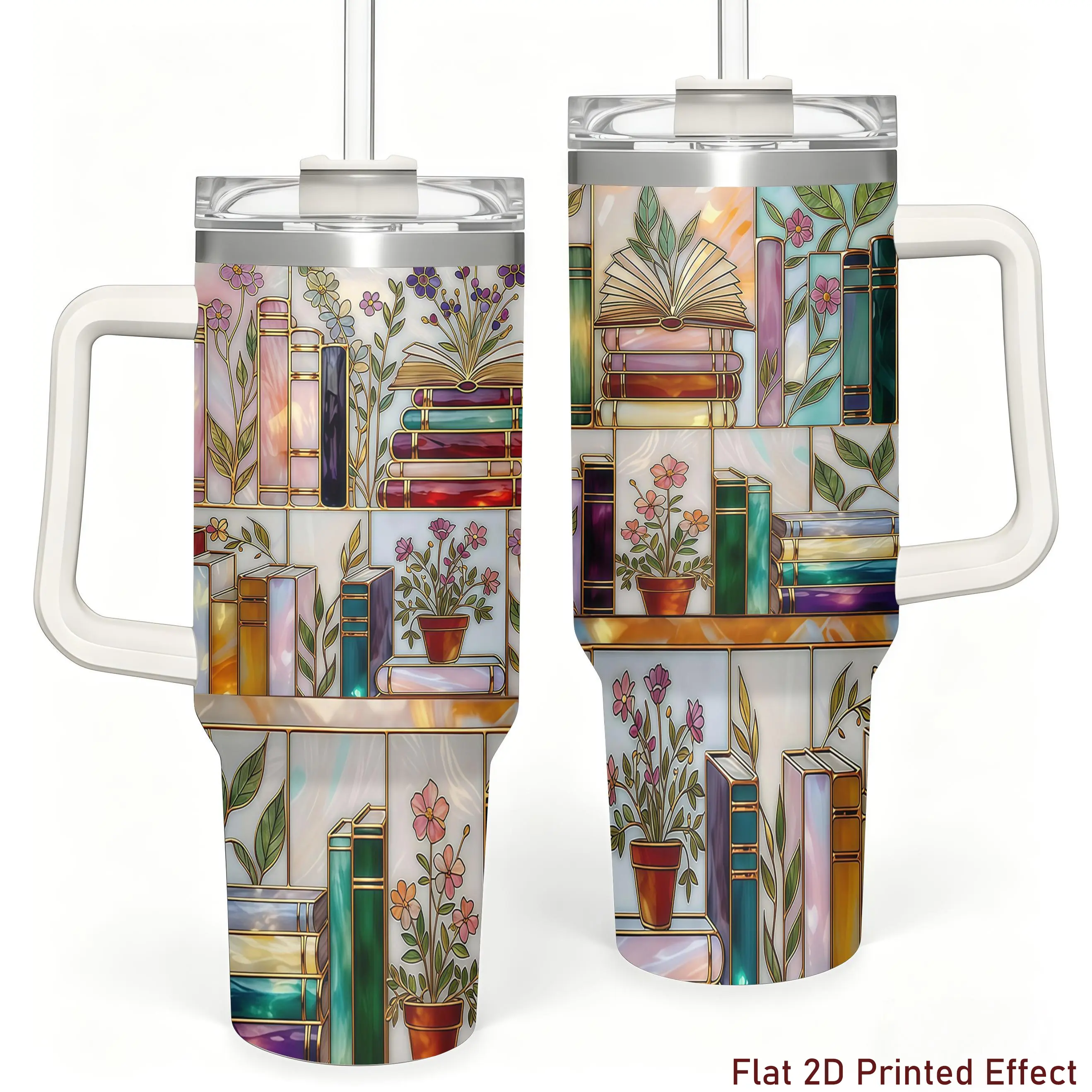 Stained-Glass Book Design 40oz Tumbler,Flat 2D Printed Floral Bookshelf Tumbler, Book Lover Gift, Bookish Cup, Library Cup, Tea Cup, Coffee Mug, Gift for Friends, Kitchen Drinkware, Dealsforyou, Summerwins