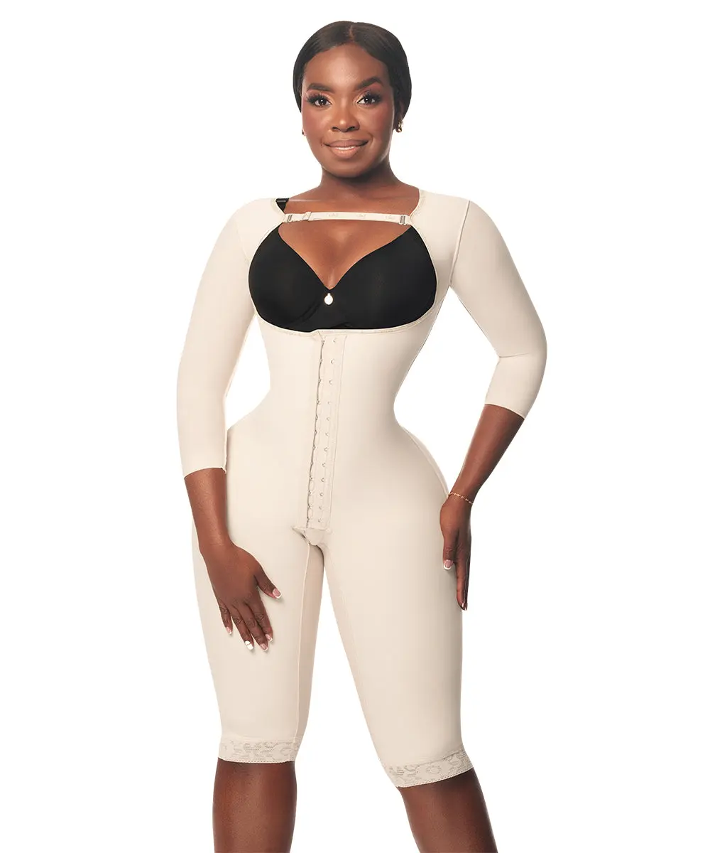 Medium Compression • Knee Length Open Bust Bodysuit • Long Sleeves • 3 Compression Hook Levels • Beige (C-013)