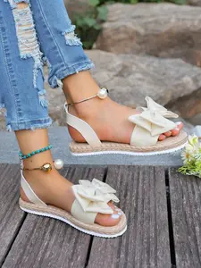 2026 Summer New Bow Boho Style Sandals for Women, Pearl Anklet Back Strap Straw Flat Shoes, Versatile Vacation Style Roman Sandals