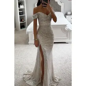 2025 New Sequined Off-Shoulder Dress | Sexy Bodycon with Long Sleeves & High Slit for Galas, Evenings Fabric Fit Women’s Wear Formal