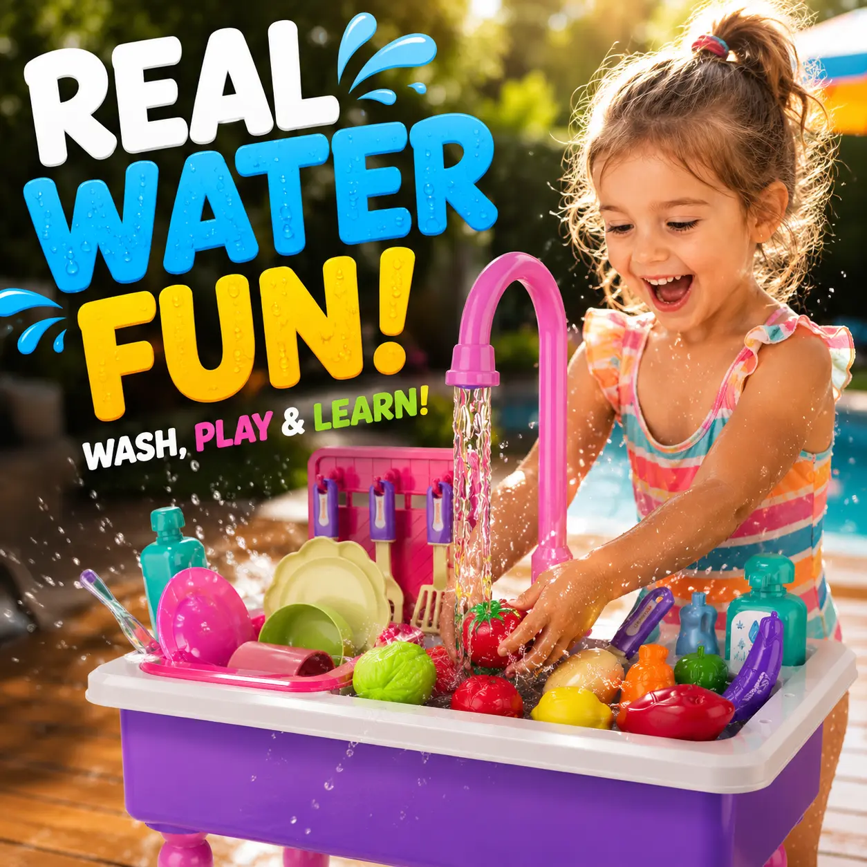 Household Play Kitchen Sink Toy Set with Dishwasher Furniture Auto-Water Cycle System Food Vegetables & Cooking Tools New Year Gift for Kids Pretend Play Dishes Play Food Sets
