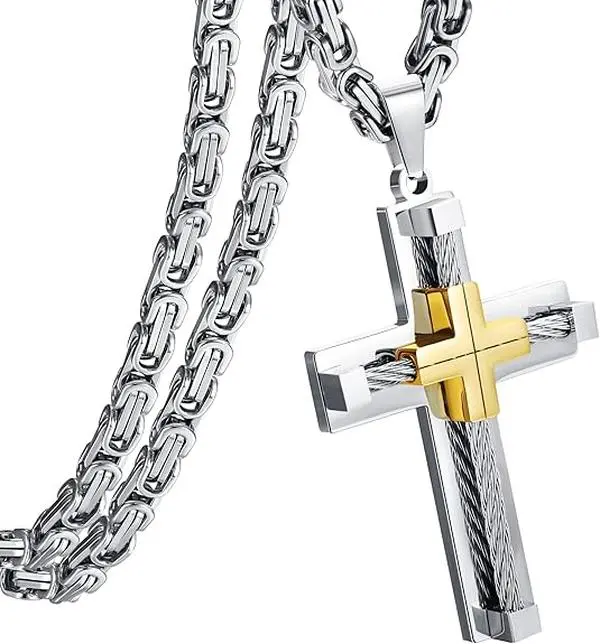CASSIECA Men's Religious Cross Necklace, Byzantine Stainless Steel Chain, 24-Inch Adjustable Length, Durable Fashionable Men's Necklaces Jewelry Accessory