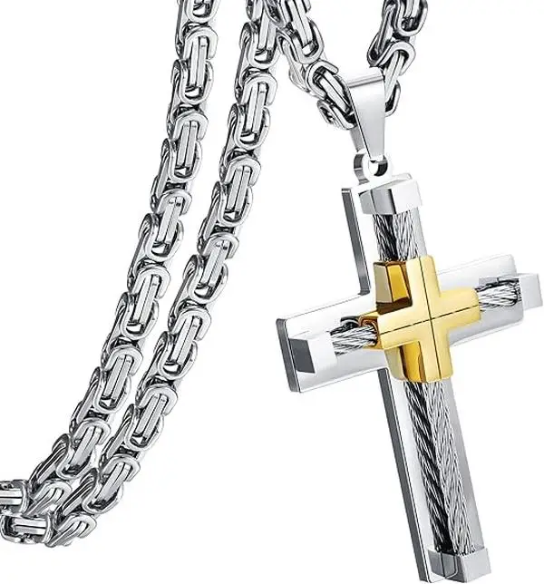 CASSIECA Cross Pendant Necklaces Chain for Men Byzantine Stainless Steel Chain 24 Inches Adjustable Length Fashionable & Durable Religious Jewelry Fal