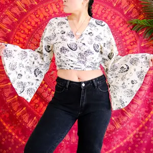 Cotton Wrap Top, 3 Way Bell Sleeve Tie Top, Boho Crop Summer Top, Mushroom/Celestial Print Hippie Blouse, Plus Size, Bohemian Festival Top