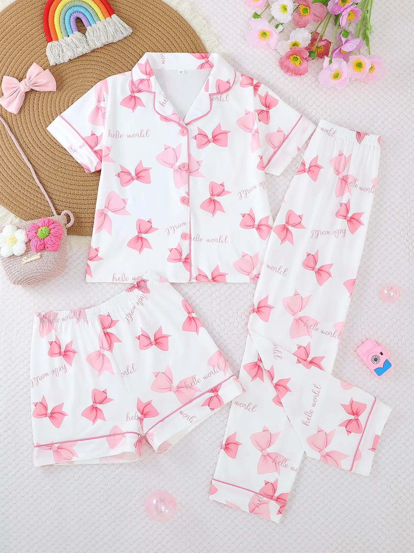 Girls' Bow Tie Sleepwear Set, Casual Fitted Short Sleeve Button Front Top & Shorts Pants, All-Season Wearable Home Clothes, Summer Pjs