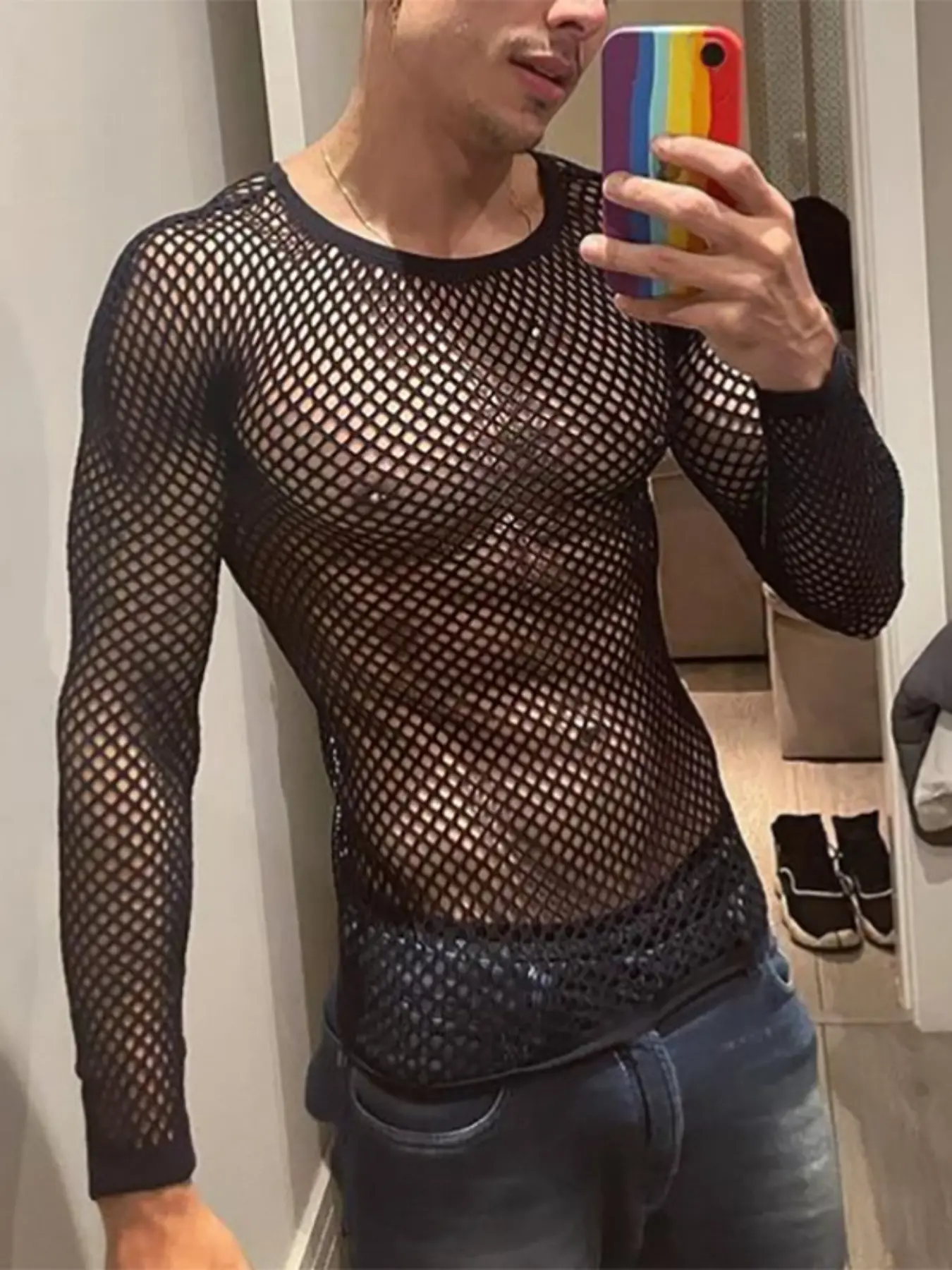 INCERUN Men's Fashion Sexy Transparent Solid Color T-Shirt, Loose Mesh Long Sleeve Top, Summer Daily Wear, Casual Style