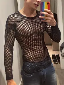 INCERUN Men's Fashion Sexy Transparent Solid Color Crew Neck T-Shirt, Polyester Material, Loose Mesh Long Sleeve Top, Summer Daily Wear, Casual Style Menswear