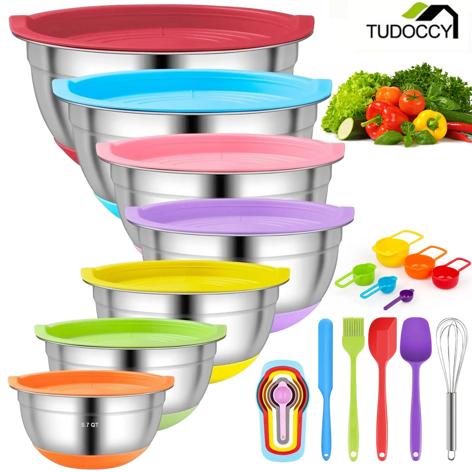 18pcs Stainless Steel Nesting Mixing Bowls Set with Airtight Lids, Non-slip Silicone Bottom, 7 Bowls Plus 4 Utensils Simplify Prep, for Mixing & Serving, Ideal Kitchenware Gift for Mom