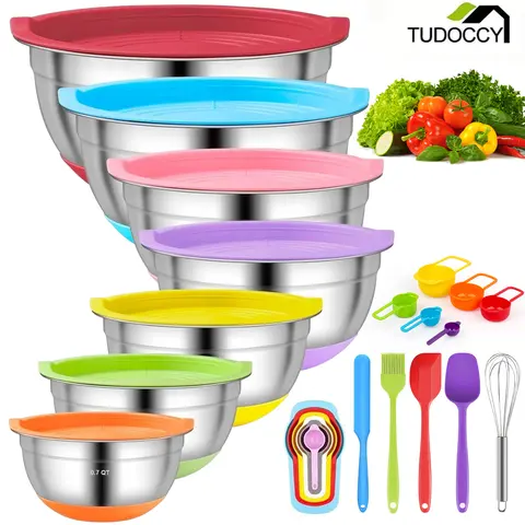 18-Piece Stainless Steel Nesting Mixing Bowls Set with Airtight Lids, Non-Slip Silicone Bottoms, 7 Bowls, 4 Utensils Including Egg Beater - Tableware for Family Prep Needs, Easy to Clean by Hand, Housewarming Kitchen Gift, 18-Pieces Covers Family Prep Nee