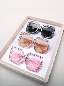 Women's Disco Rhinestone Decorated Glasses Set, Large Square Shiny Frame, Thick Rim, Colorful Vintage Party Accessories