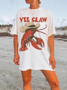 Women's Lobster Print Round Neck T-Shirt, Fashion Casual Tee for Daily Wear, Beach Outdoor Clothing, Patterned Sports Top, Women's Upper Garment
