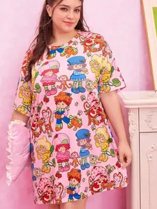 Strawberry Shortcake Plus Size Cartoon Figure Graphic Round Neck Short Sleeve Sleep Dress Kawaii Pajamas Cartoon Pajamas Fall Clothes For Women Winter Clothes For Women Pink Dress Colorful Tee Dress