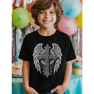 1pc Boys' Black Cross with Wings Print T-Shirt - Angel Wing & Cross Design Short Sleeve Round Neck Casual Tee for Easter Celebrations, Easter Egg Hunt & Casual Attire, Comfortable All-Season Top for Boys 3-13 Years (Easy-Care Kids Apparel)