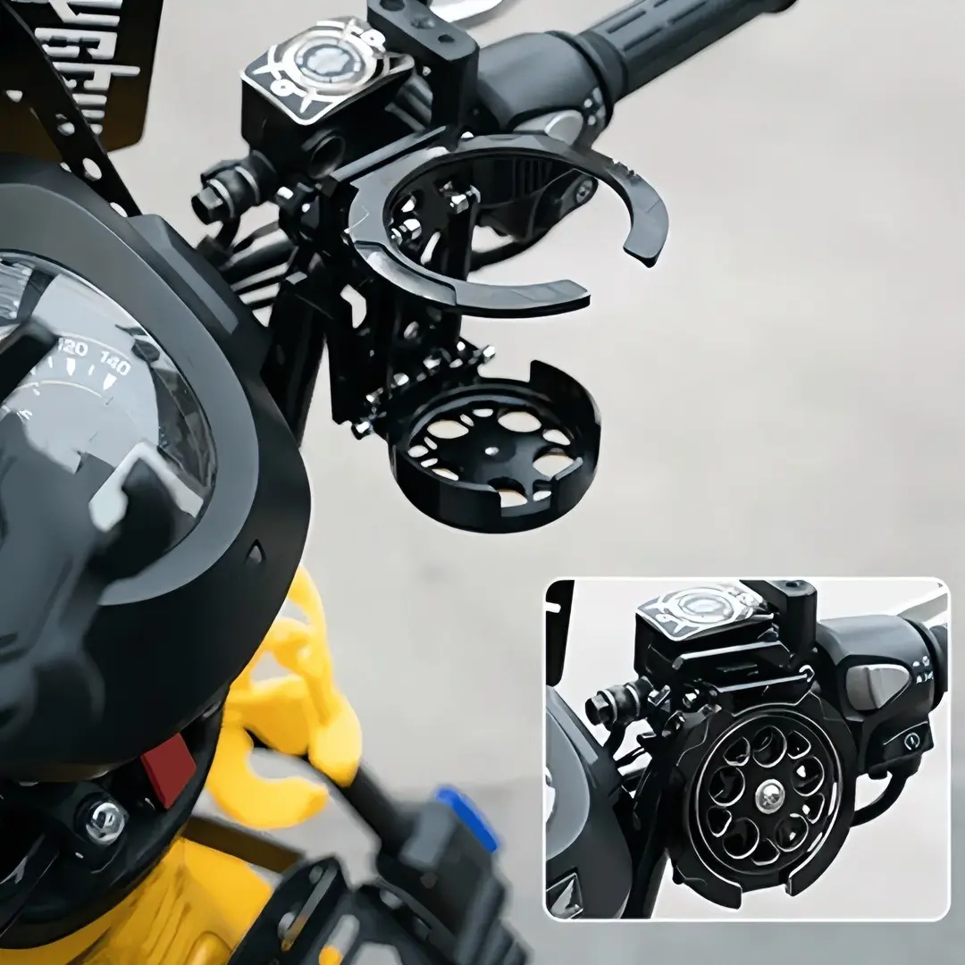 Foldable Motorcycle Cup Holder - Motorcycle Accessory, ABSFolds Flat to Free Handlebar Space, Mounting Clip, No-Drill Clamp-On 2-Tier Adjustable Handlebar Mount, Ideal for Long-Distance Touring & Outdoor Rides, Black/Orange Water Bottle Stand for Ebikes