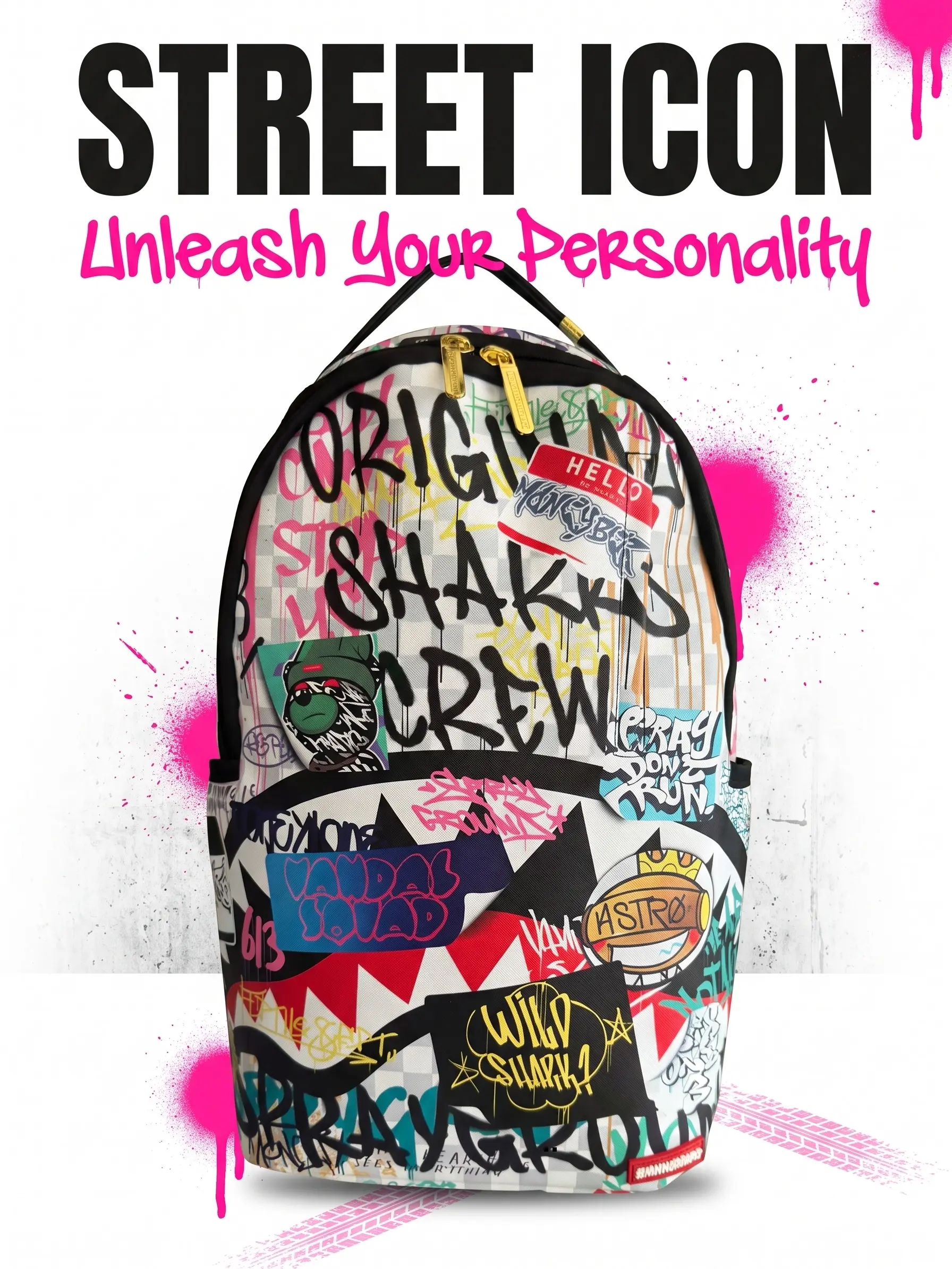 SG Graffiti Sticker Bomb Shark-Mouth Backpack - Streetwear Water-Resistant Large Capacity Daypack, Men's Laptop Backpack for School & Travel Use