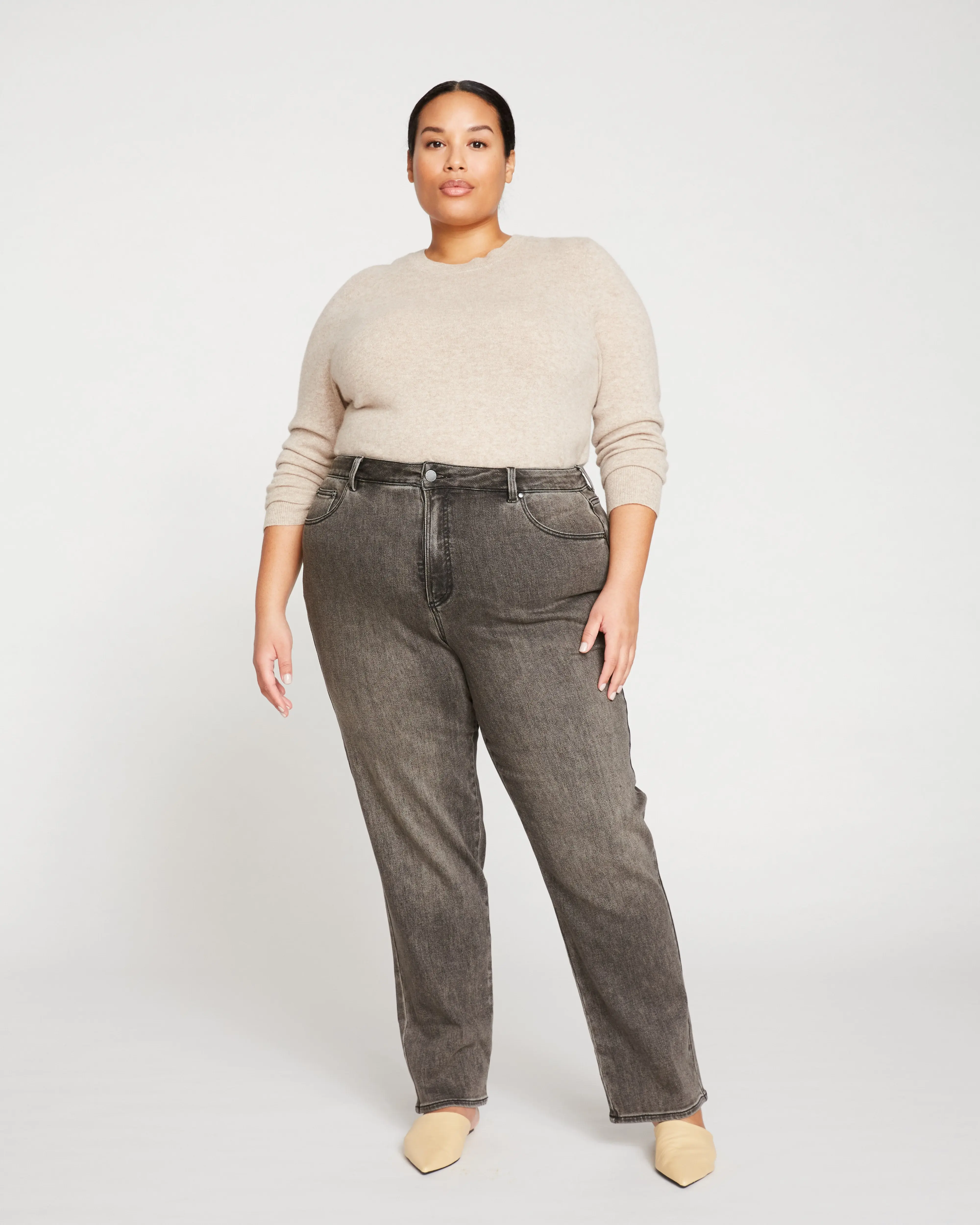 Women's Curve Fit Jeans, High Rise 90s Aesthetic Straight Leg Denim in Stonewash Black with Comfortable Stretch and Deep Pockets, Bottoms, Fabric, Everyday, Denim Pants, 90S Look, Stone Wash Jeans, Loose Straight Jeans