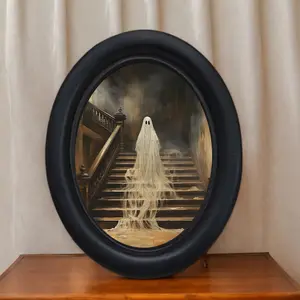 Vintage Halloween Ghost Wall Art, Unique Artwork, Handmade Oval Wooden Decor for Spooky Home Accents, Perfect for Halloween Christmas Thanksgiving Decoration