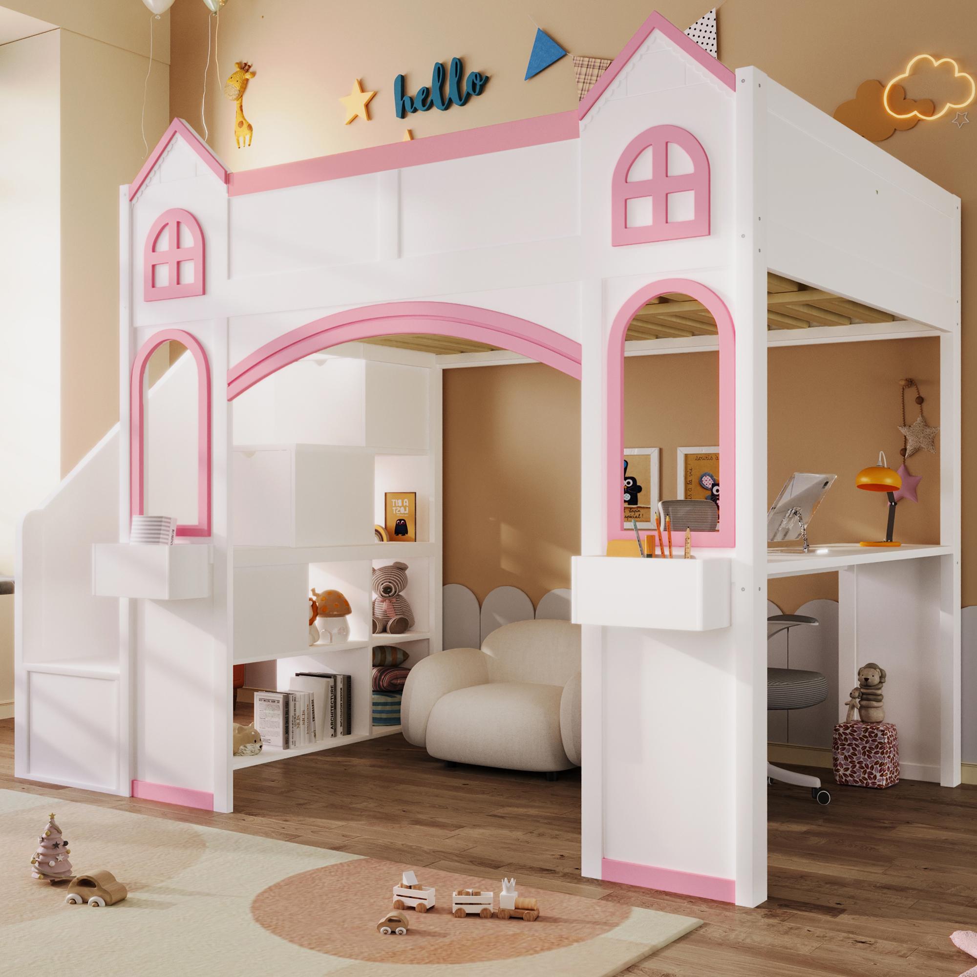 Full Size Loft Bed Frame with Storage Staircase and LED Light, Wood Castle Full Loft Bed Frame with Desk, Windows & Shelves for Kids, Teens, Boys or Girls, Montessori Bed, Pink