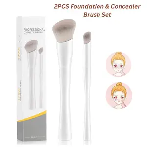 2PCS Foundation & Concealer Brush Set – Angled Kabuki Makeup Brushes for Liquid, Cream & Powder, Blending Buffing Face Brush Kit for Flawless Makeup