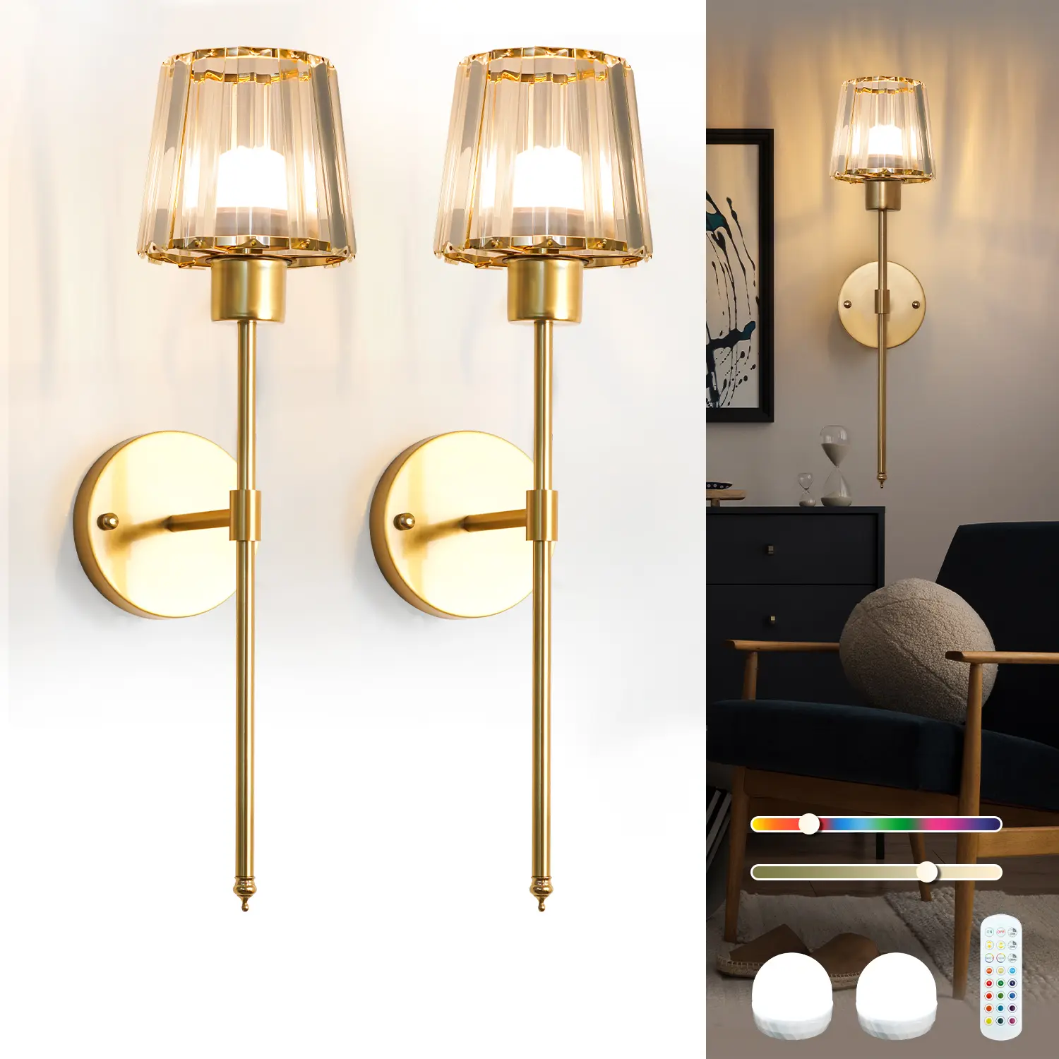【DealsForYouDays】Crystal Battery Operated Wall Sconces Set of 2, Rechargeable Wireless Wall Lights with Remote, 13 RGB Color Dimmable, Auto Timer Wall Lamps Fixture for Living Room Bedroom RV