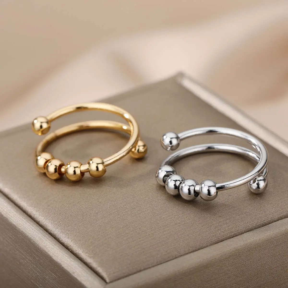 [Limited Time Event] Unisex Aileen Elegant Open Ring with Spiral Bead Accents, Rotatable Artificial Gemstone, Comfortable Minimalist Female Adults' Daily Wear Jewelry Accessory, One Size