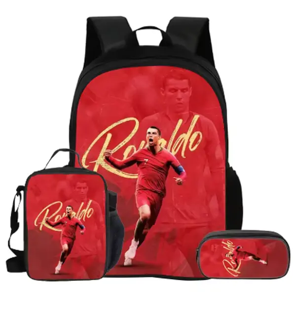 CR7 Football Pattern Printed Backpack Three Piece Set Single Layer Backpack Pencil Bag Lunch Bag for Football Fans Students Daily Use School Travel Sports Lightweight Comfortable Teen Kids Fans Gift
