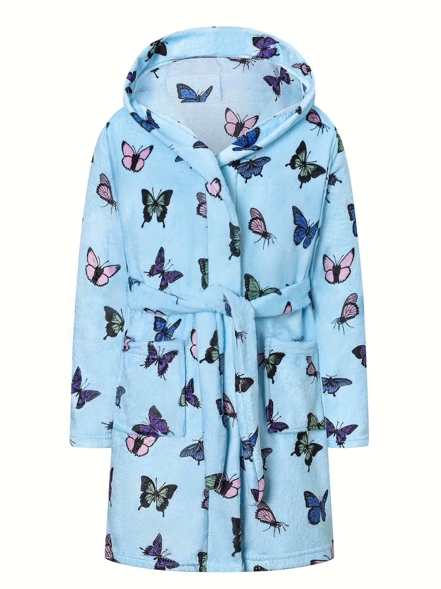 Toddler Girls' Butterfly Print Hooded Fluffy Fleece Bathrobe - Soft Polyester Twisted Look Light Blue Long Sleeve Plush Robe, 2-3 Years, with Pockets & Waist Belt, All Seasons Warm Sleepwear Loungewear, Ideal for Bath & Spa Gift, Fluffy Robe