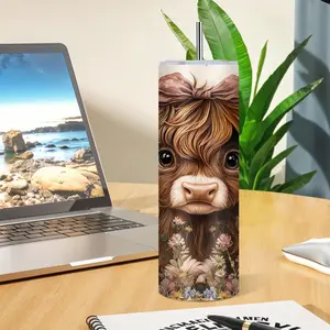 1pc 20oz Adorable Highland Cow Pattern Insulated Tumbler Stainless Steel Travel Mug With Lid Straw Christmas Gift For Mom Dad And Sisters Brothers Keeps Drinks Hot Or Cold Ideal For Home Travel Outdoor Activities Valentines Day Gifts Drinkware - Flasks