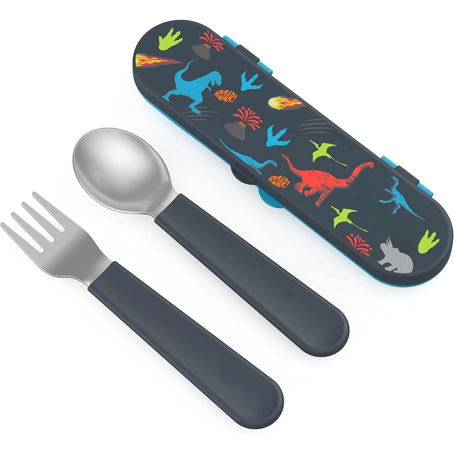 Stainless Steel Utensil Set -  Fork, Spoon & Storage Case - High-Grade  Stainless Steel, Easy-Grip Handles, Dishwasher Safe for School Lunch, Travel & Outdoors (Dinosaur)
