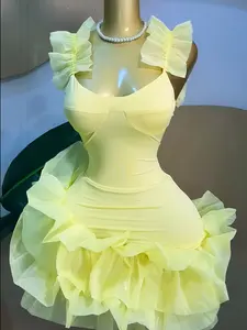 Elegant Feminine Sleeveless Ruffled Hem U-Neck A-Line Women's Mini Dress, Fashion Streetwear Party Formal Evening Gown, Trendy Birthday Ballgown