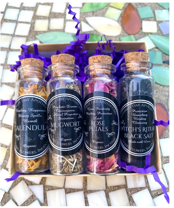 Witchcraft Bottles Apothecary Flowers, Bark, Incense Organic Free Gift Wrap Magic Jars 30ml