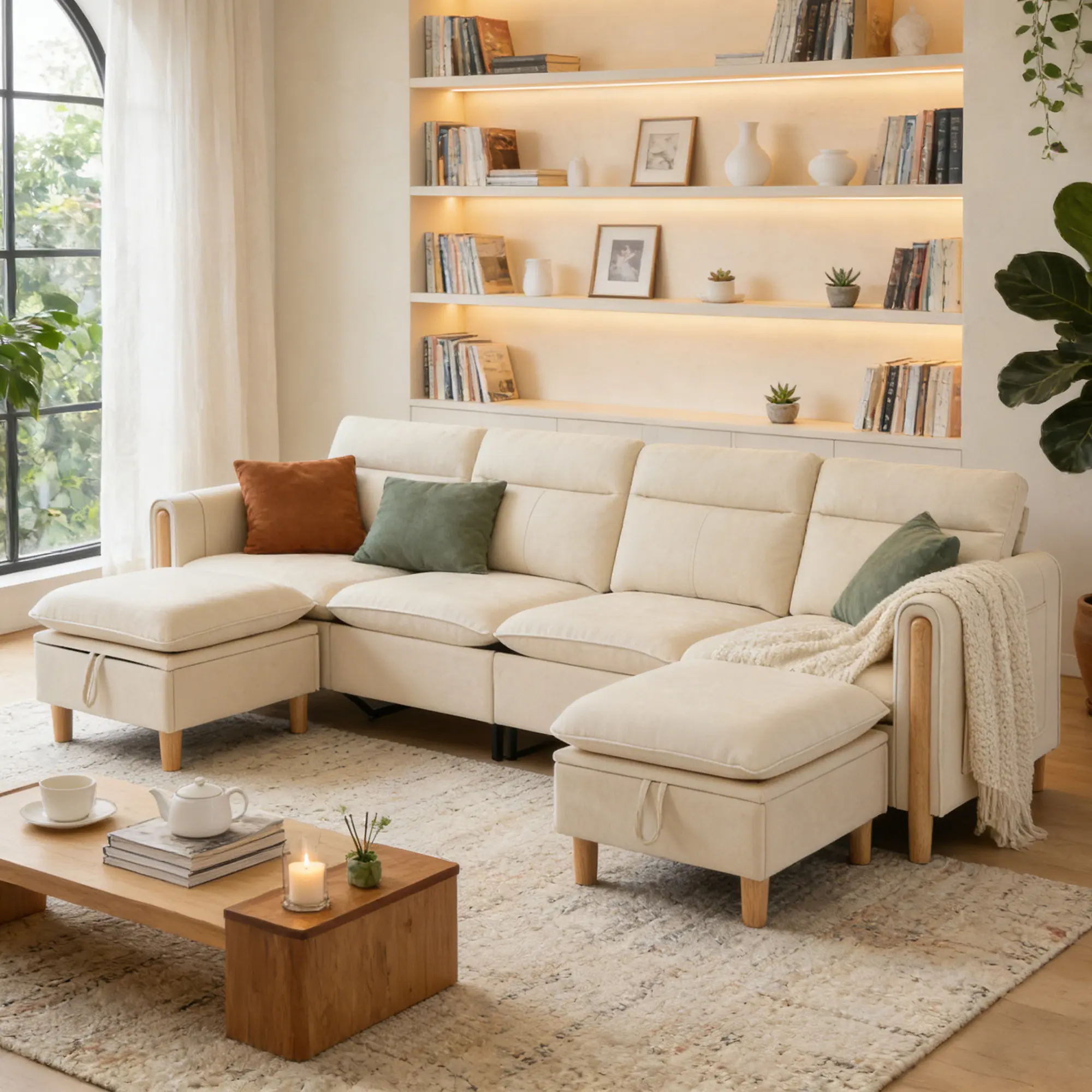 【2 Packages Shipped】102.8" U-Shaped Sectional Sofa with 2 Storage Ottomans, Cream Chenille Modular Couch with Side Pockets, Reversible L/U Shape Sofa Set for Living Room, Deep Seat, 800 lbs Weight Capacity