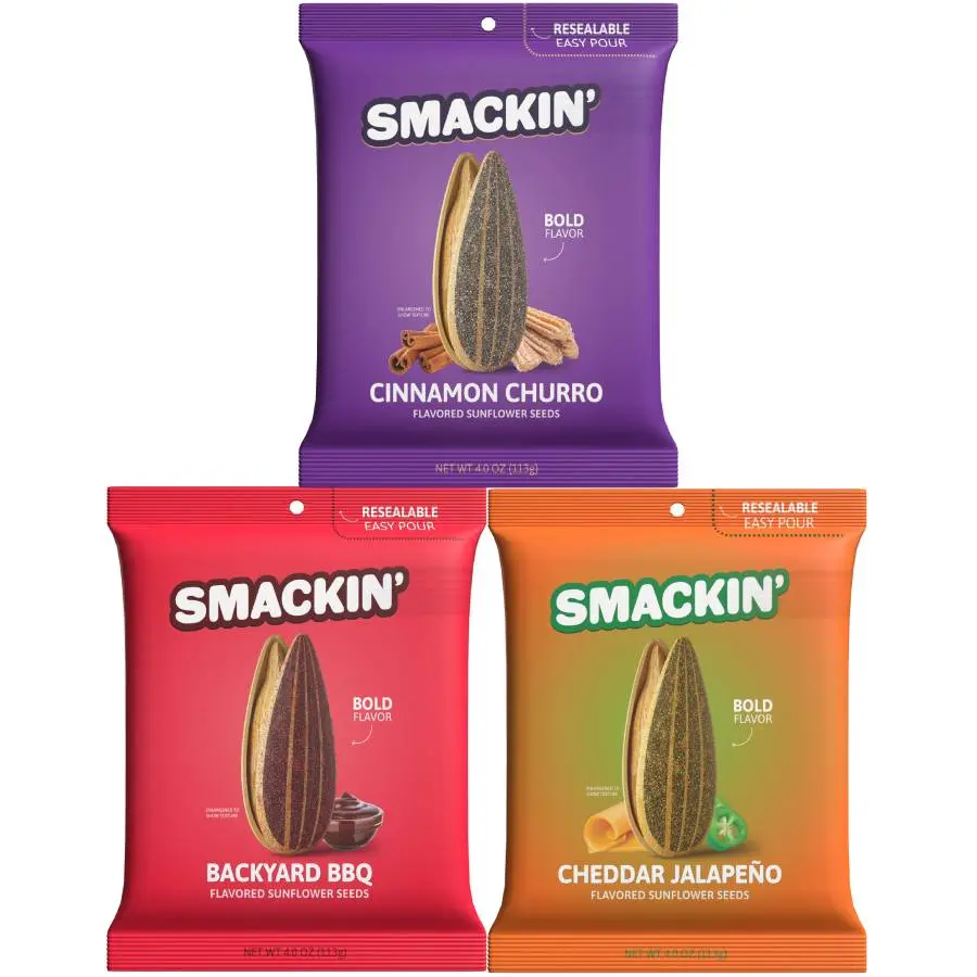 SMACKIN’ Sunflower Seeds 3-Flavor Variety Pack - 4oz Bags, Includes Cheddar Jalapeño, Backyard BBQ & Cinnamon Churro Snack Seeds