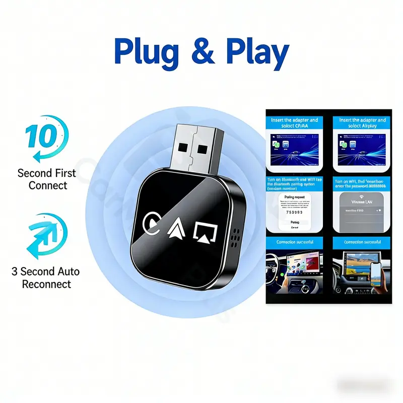 3-in-1 Wired-to-Wireless CarPlay Adapter with AirPlay Screen Mirroring, Easy Setup, WiFi, In-Car Streaming for Factory Wired CarPlay Vehicles, iPhones & Driving Use