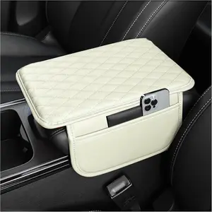Upgraded  Center Console Cover,Microfiber Leather  Armrest Cover Cushion with 2 Storage Bags,Universal  Armrest Storage Box (Cream)