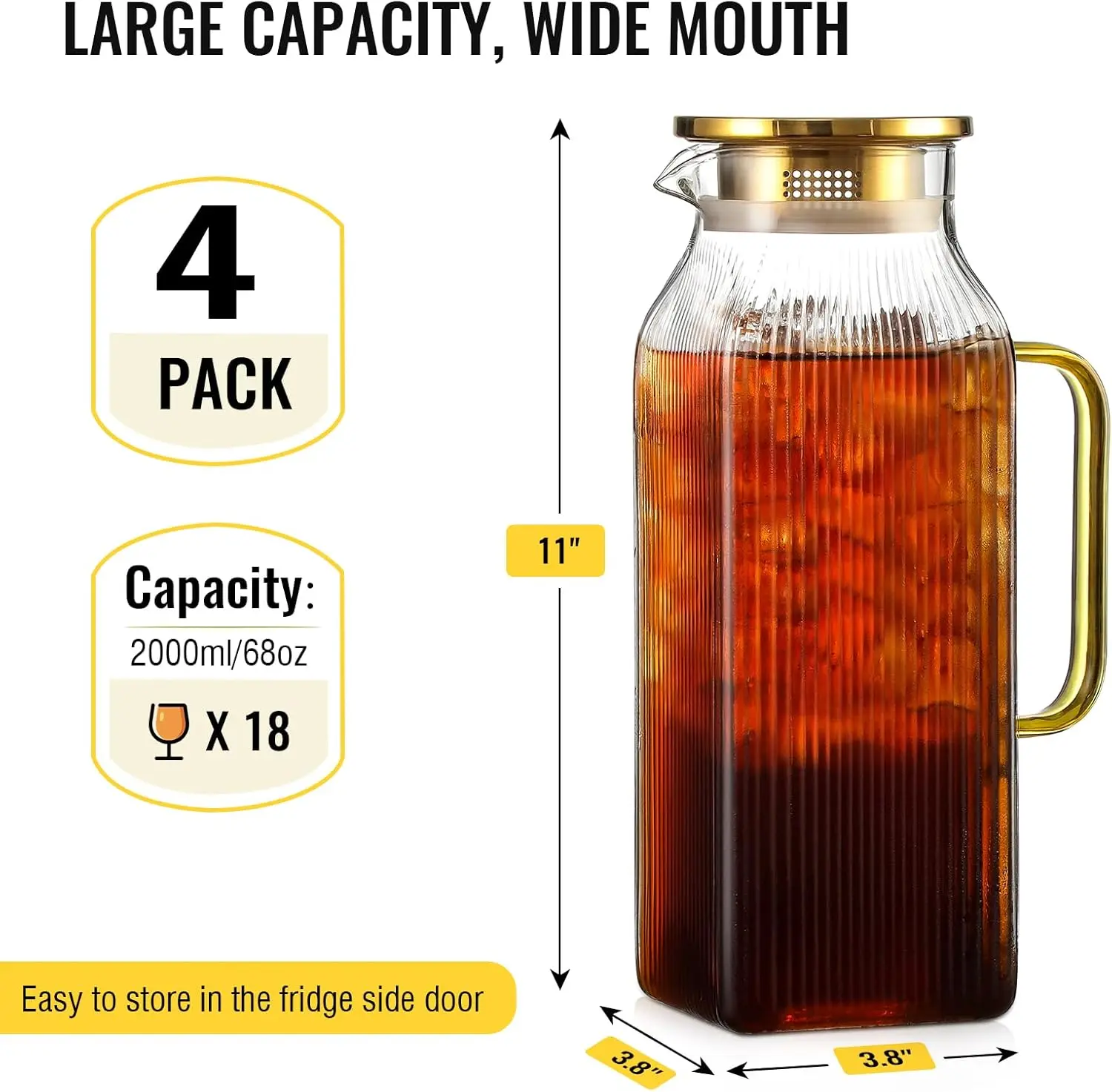 4-Pack 2L/68oz Square Borosilicate Glass Pitcher with Gold Lid & Handle, Classic Stripes Fridge Jug for Iced Tea, Hot/Cold Brew Coffee Drink Carafe