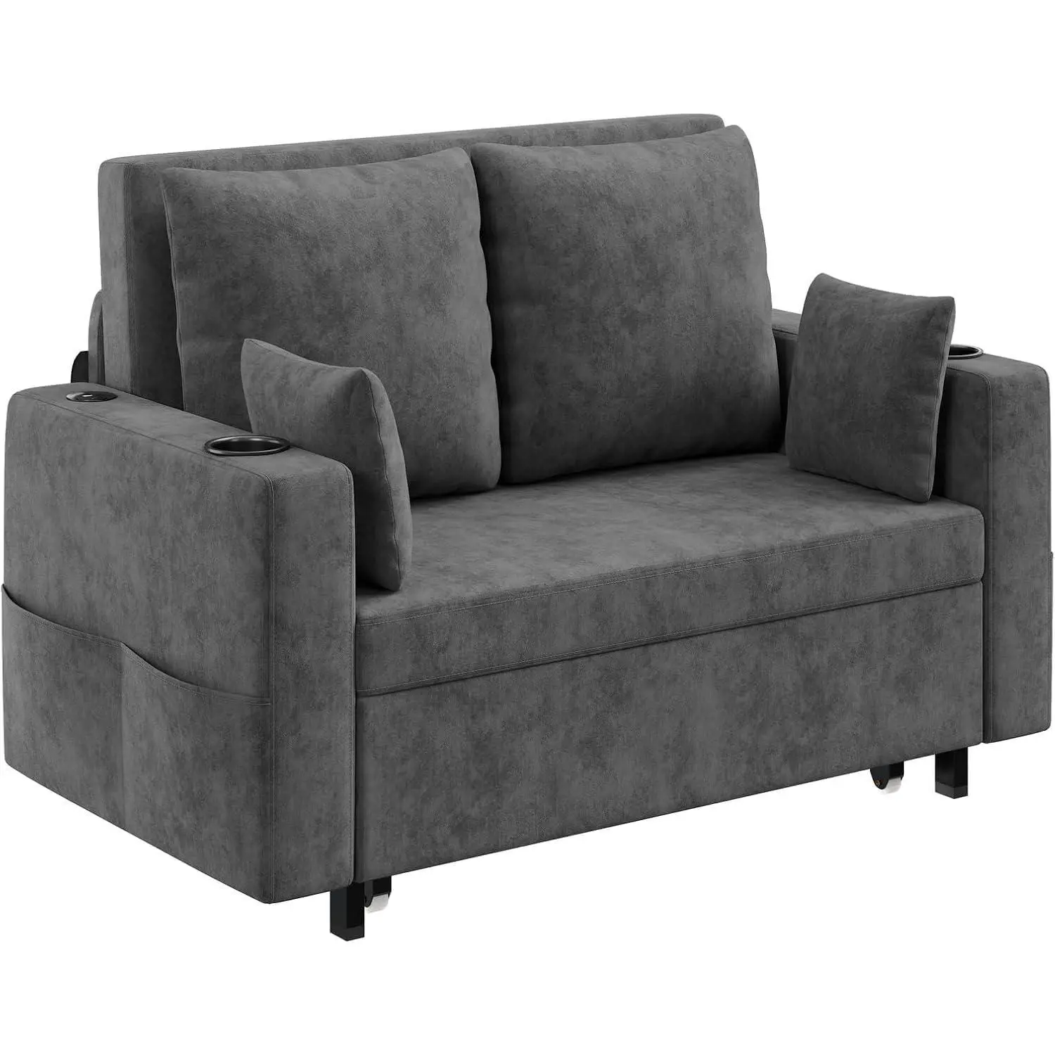 Garvee 3-in-1 Pull-Out Couch 56" Loveseat Sleeper Sofa Bed with Cup Holders and USB Charging, Deep Grey, Supports Up to 1000Lb - Perfect for Living Room, Bedroom, and Apartment