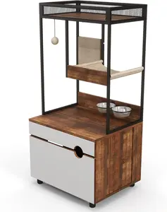 Cat Litter Box Furniture Enclosure with Shelve and Scratching Pad, Hidden Litter Box Furniture Pet Cabinet with Cat Feeding Station, 48.4 Inch Wooden Kitty Washroom Furniture, Cat Tree House,Cat Tower