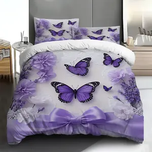Three-piece bedding set - 2pcs/3pcs 2D Flat purple butterfly and floral pattern duvet cover set (1 duvet cover + 1/2 pillowcases, no insert), multi-color printed Decorative bedding set, soft and comfortable, suitable for family bedrooms and guest rooms.