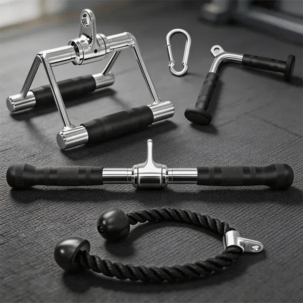 Heavy-Duty 5-Piece Cable Machine Attachment Set, Chrome Metal & Nylon Pulldown Accessories for Home Gym Strength Training, Includes Tricep Rope, V-Bar, Rotating Bar & D-Handles with Ergonomic Non-Slip Grip, Unisex, Gym Accessories, Knurled Tpe Grips Stay,