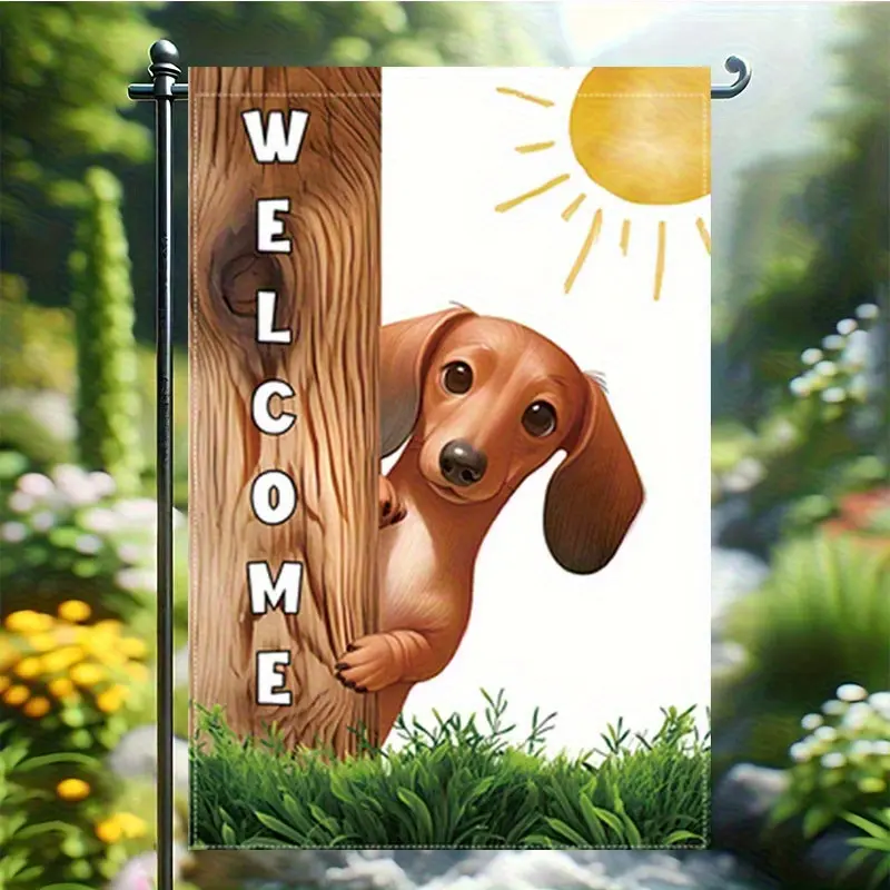 [Dachshund Welcome Garden Flag] Dachshund Welcome Garden Flag- Double-Sided Linen 12x18 Inch, Adorable Sun& Dog Design with "Welcome" Text, Perfect for Outdoor Yard and Home Decor, Halloween Home Decorations, No Flagpole