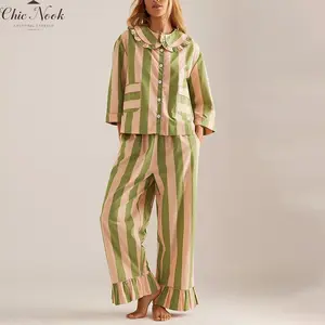 Women's Matching Pajamas Stripe Print 3/4 Sleeve Doll Collar Button Down Tops Long Pants Sleepwear 