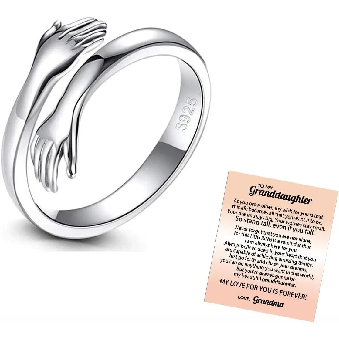 Sterling Silver Hug Ring for Granddaughter, Adjustable Hugging Hands Wrap Ring, Inspirational Jewelry Gift from Grandma, Engraved Ring, Adjustable Rings