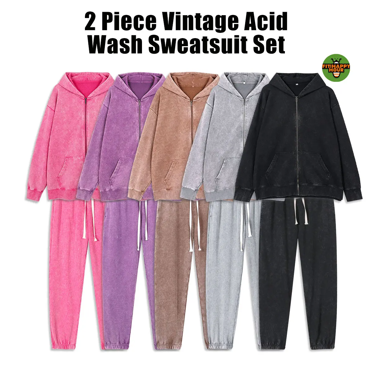 2 Piece Vintage Acid Wash Tracksuit Set, Full Zip Hoodie & Cuffed Jogger Pants, Heavyweight Distressed Fleece Matching Outfit, Unisex Casual Streetwear Sweatsuit for Men Women Couples