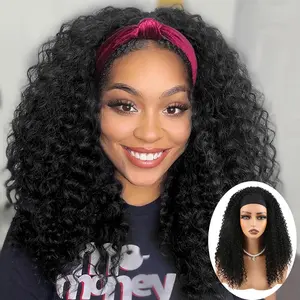 AuvzyHair 14inch HeadBand Wig Kinky Curly Wig For Women, Deep Wave Headband Wig Glueless Half Wigs Synthetic Hair Curly Headband Wig Ponytail Easy To Wear