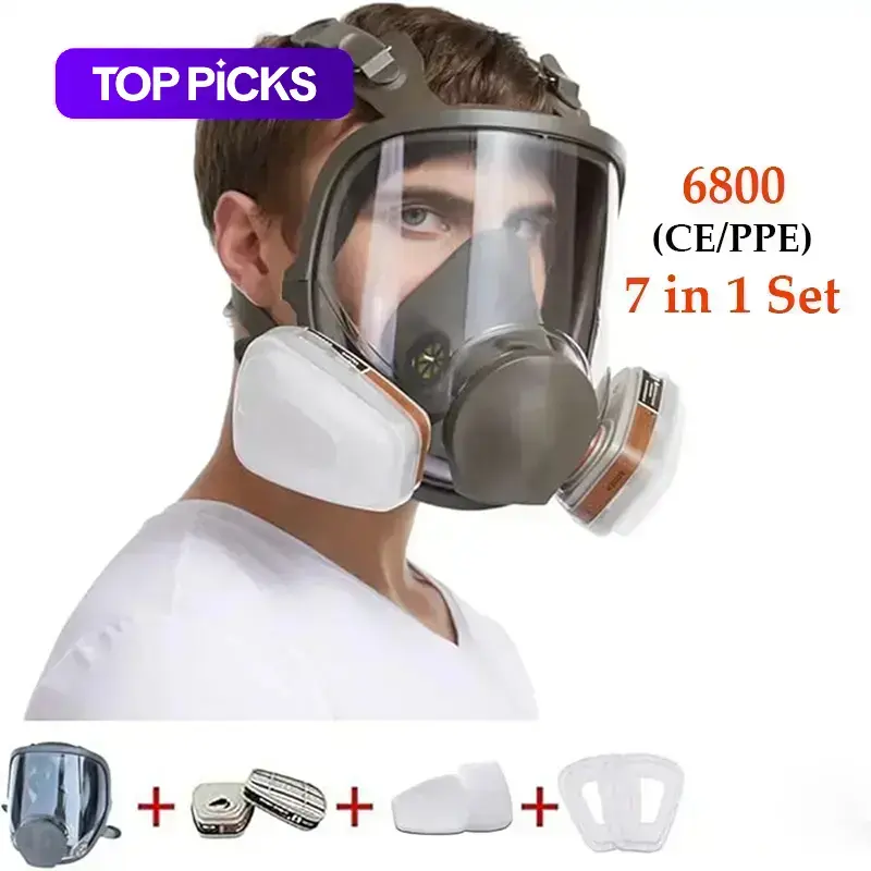 Full Facepiece Reusable 6800 Mask - 7 in 1 Full Face Cover Filter Mask Dust and Particulates Anti-fog Supplies Wide Field Of View, Suitable for Spray Paint, Coating, Chemical Industry, Welding