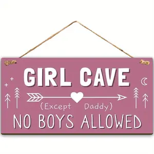 Girls Cave Sign, No Boys Allowed Except Dad, Bedroom Decor, Wooden Door Sign, Wall Decoration for Teen Girls Children Room Living Room, Wall Decor Plaque