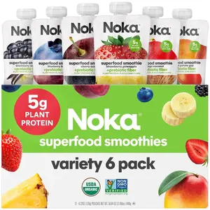 Noka Superfood Fruit Smoothie Pouches Variety Pack, Healthy Snacks with Flax Seed, Plant Protein and Prebiotic Fiber, Vegan and Gluten Free Snacks, Made in USA, Organic Squeeze Pouch, 4.22 oz, 6 Count