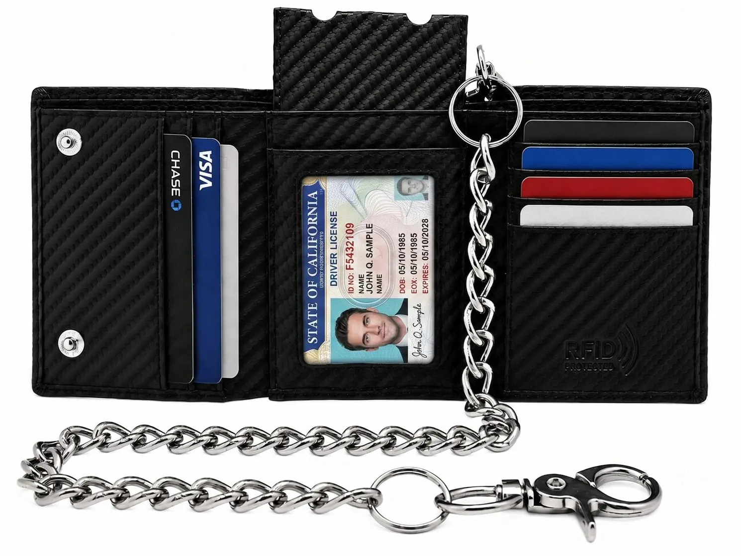 Juzar Tapal Collection Men's Trifold Carbon Fiber Leather Wallet - Anti-Theft Detachable Chain, RFID Protection, Snake Striped Design, Multiple Card Slots, ID Window, Cash Compartment, Premium Craftsmanship