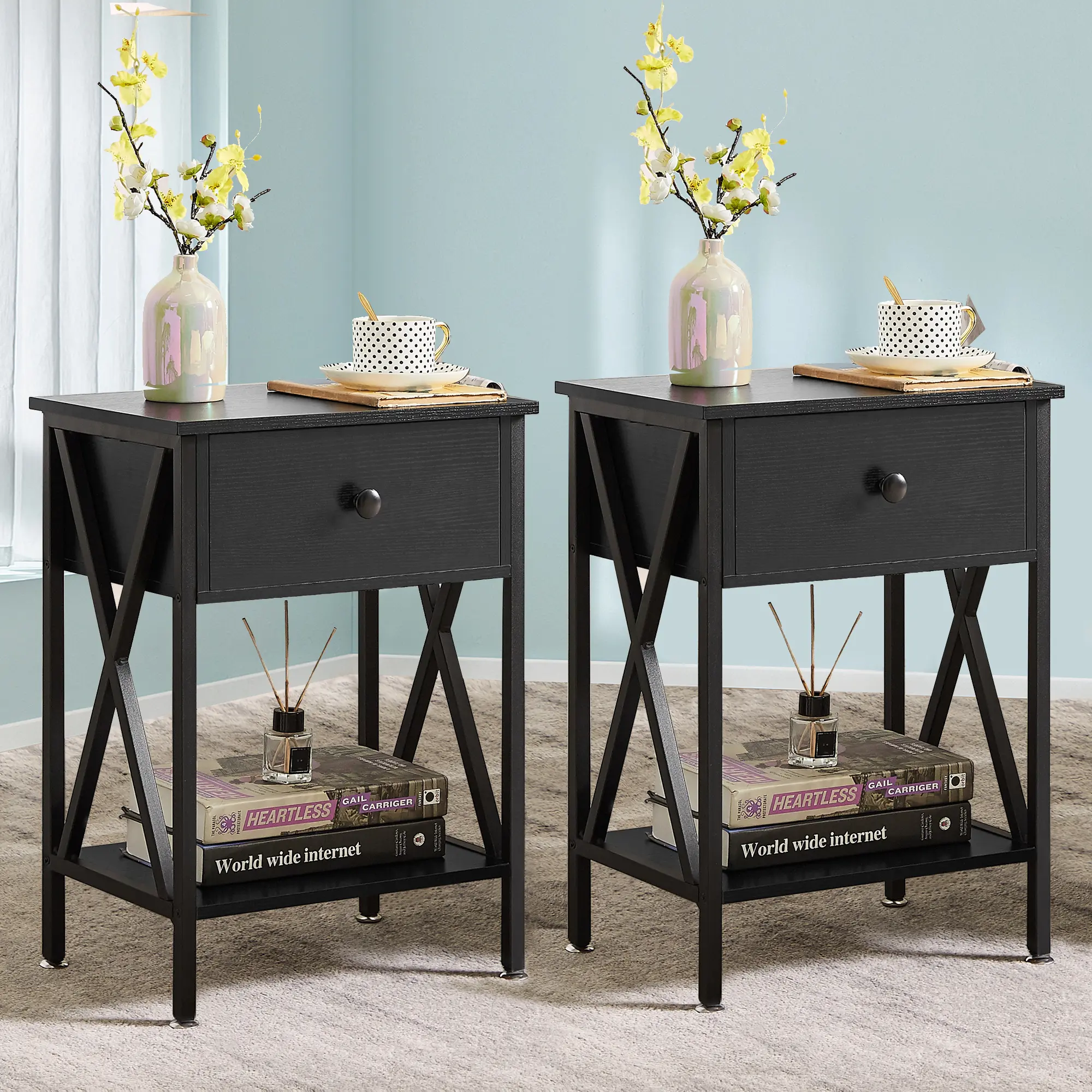 VECELO Nightstand Wooden Drawer Thickened, X-Shaped Steel Frame Legs Design, Bedside Furniture for Bedroom, Living Room, Black Rustic Brown